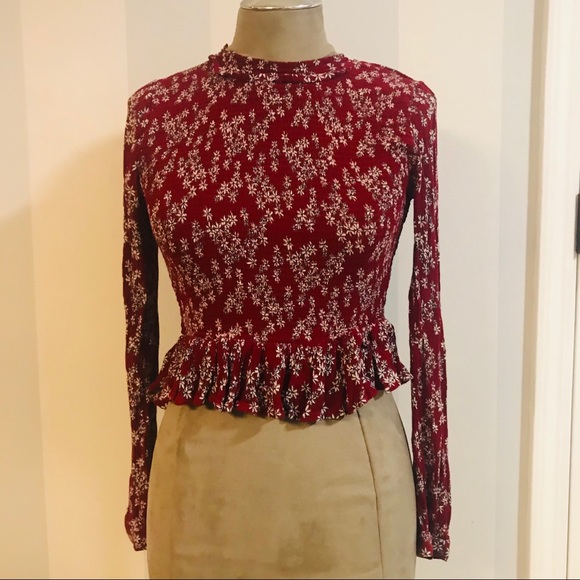 Patrons of Peace Tops - Burgundy Smocked Long-Sleeve Peplum Crop Top